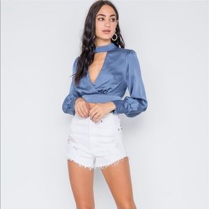 Blue satin long sleeves crop top